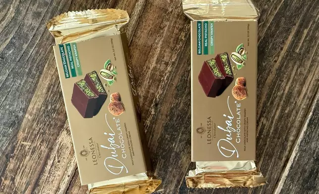 Leonessa Dubai chocolate bars are displayed in New York. (Katie Workman via AP)