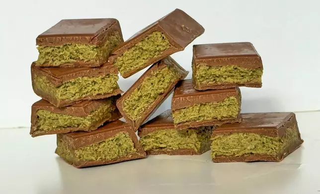 Pieces of Dubai chocolate bars are displayed in New York on Friday, Sept. 26, 2025. (Katie Workman via AP)