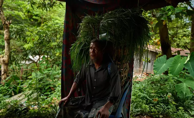 Mahmud Karmar poses for a portrait with a basket of grass he spent the morning gathering to feed his family's cow in the Tak province of Thailand, Thursday, Aug. 28, 2025. (AP Photo/Bram Janssen)