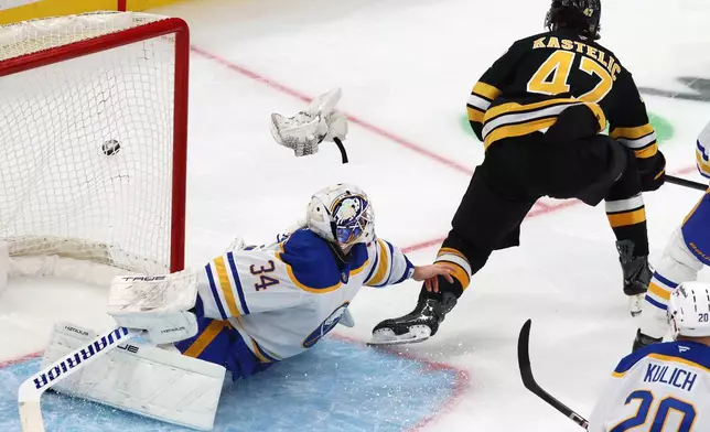 Buffalo Sabres' Alex Lyon (34) loses his glove while blocking a shot by Boston Bruins' Mark Kastelic (47) during the second period of an NHL hockey game, Saturday, Oct. 11, 2025, in Boston. (AP Photo/Michael Dwyer)