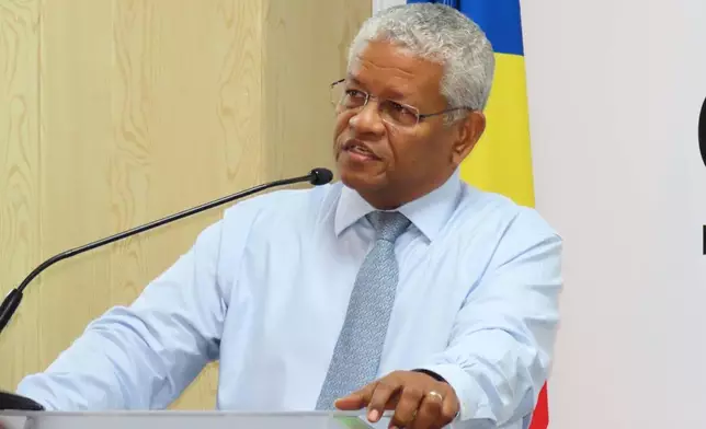 Seychelle's incumbent President Wavel Ramkalawan gives a speech conceding defeat in the runoff presidential election at the Electoral Commission Headquarters in Victoria, Seychelles, Sunday, Oct. 12, 2025. (AP Photo/Emilie Chetty)