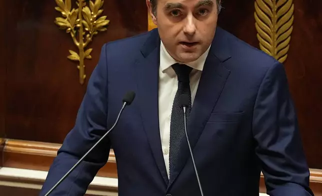 French Prime Minister Sebastien Lecornu delivers his speech before a no-confidence vote, Thursday, Oct. 16, 2025 at the National Assembly in Paris. (AP Photo/Thibault Camus)