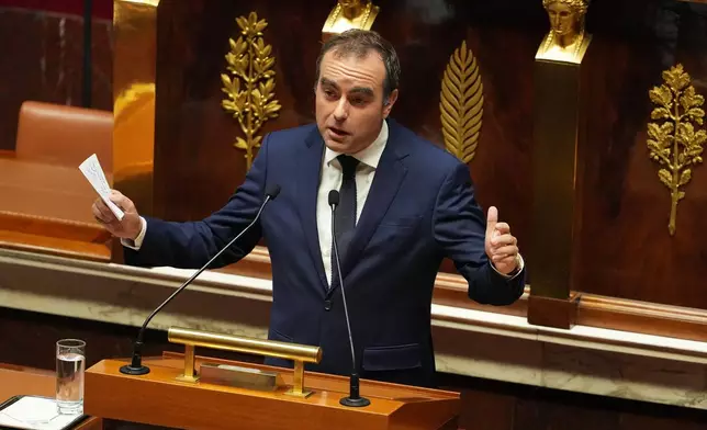 French Prime Minister Sebastien Lecornu delivers his speech before a no-confidence vote, Thursday, Oct. 16, 2025 at the National Assembly in Paris. (AP Photo/Thibault Camus)