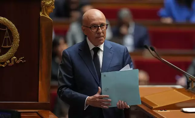 Eric Ciotti, a conservative lawmaker and ally to far-right National Rally party, leaves after his speech before a no-confidence vote, Thursday, Oct. 16, 2025 at the National Assembly in Paris. (AP Photo/Thibault Camus)