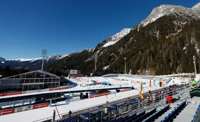 FILE - A view of the Anterselva Biathlon Arena, venue for the biathlon discipline at the Milan Cortina 2026 Winter Olympics, in Anterselva, northern Italy, Saturday, Jan. 25, 2025. (AP Photo/Alessandro Trovati, File)