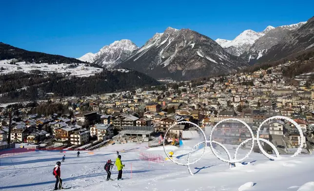 FILE - Olympic rings are seen near a slope of the Stelvio Ski Center, venue for the alpine ski and ski mountaineering disciplines at the Milan Cortina 2026 Winter Olympics, in Bormio, Italy, Thursday, Jan. 16, 2025. (AP Photo/Luca Bruno, File)