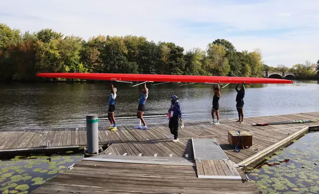 South African rowers practice on the Charles River in preparation for the Head of the Charles Regatta, Wednesday, Oct. 15, 2025 in Boston. (AP Photo/Leah Willingham)