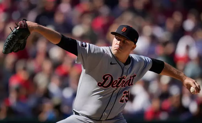 Detroit Tigers starting pitcher Tarik Skubal throws during the second inning of Game 1 of the American League Wild Card baseball playoff against the Cleveland Guardians series in Cleveland, Tuesday, Sept. 30, 2025. (AP Photo/Sue Ogrocki)