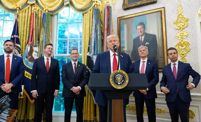 President Donald Trump speaks in the Oval Office of the White House, Tuesday, Sept. 30, 2025, in Washington. (AP Photo/Alex Brandon)