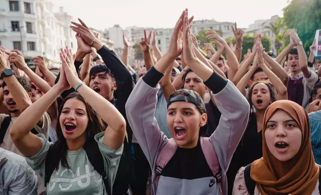 People protest against corruption and calling for healthcare and education reform, in Casablanca, Morocco, Thursday, Oct. 2, 2025. (AP Photo)