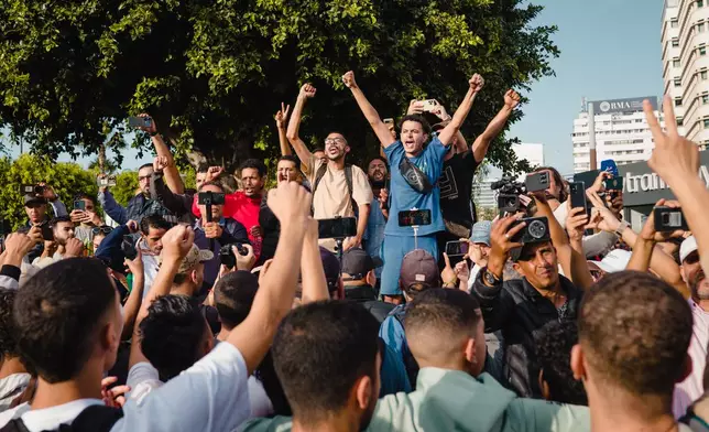 People protest against corruption and calling for healthcare and education reform, in Casablanca, Morocco, Thursday, Oct. 2, 2025. (AP Photo)
