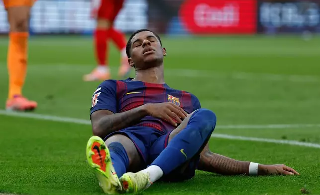 Barcelona's Marcus Rashford reacts during a La Liga soccer match between Barcelona and Girona in Barcelona, Spain, Saturday, Oct. 18, 2025. AP Photo/Joan Monfort)