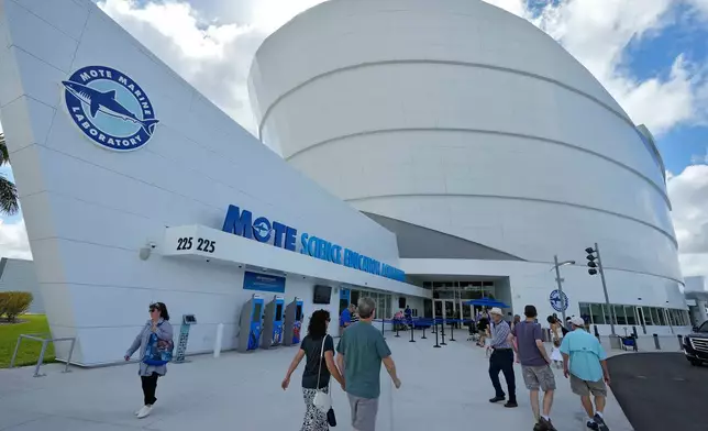 Guests arrive at the Mote Science Education Aquarium for a soft opening, Monday, Oct. 6, 2025, in Sarasota, Fla. (AP Photo/Chris O'Meara)