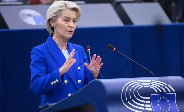 European Commission president Ursula von der Leyen delivers her statement on EU response to recent Russian violations of the EU Member States' airspace and critical infrastructure, Wednesday, Oct. 8, 2025 at the European Parliament in Strasbourg, eastern France. (AP Photo/Pascal Bastien)
