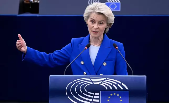 European Commission president Ursula von der Leyen delivers her statement on EU response to recent Russian violations of the EU Member States' airspace and critical infrastructure, Wednesday, Oct. 8, 2025 at the European Parliament in Strasbourg, eastern France. (AP Photo/Pascal Bastien)