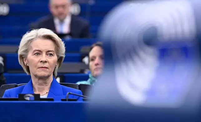 European Commission president Ursula von der Leyen sits during statements on EU response to recent Russian violations of the EU Member States' airspace and critical infrastructure, Wednesday, Oct. 8, 2025 at the European Parliament in Strasbourg, eastern France. (AP Photo/Pascal Bastien)
