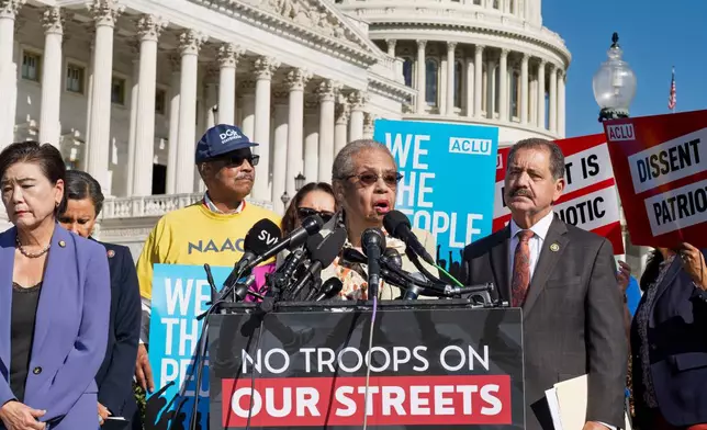 FILE - Del. Eleanor Holmes Norton, D-D.C., center, is joined by Rep. Judy Chu, D-Calif., far left, and Rep. Jesus Garcia, D-Ill., right, at a new conference opposing President Trump's deployment of National Guard troops and federal law enforcement officers to combat crime on the streets of Chicago, Baltimore, and other American cities, at the Capitol in Washington, Sept. 3, 2025. (AP Photo/J. Scott Applewhite, File)