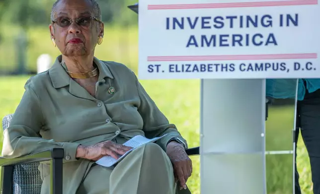 FILE - Del. Eleanor Holmes Norton, D-D.C., attends a news conference announcing investment of Inflation Reduction Act funds at the St. Elizabeth Department of Homeland Security campus Aug. 17, 2023, in Washington. (AP Photo/Nathan Howard, File)
