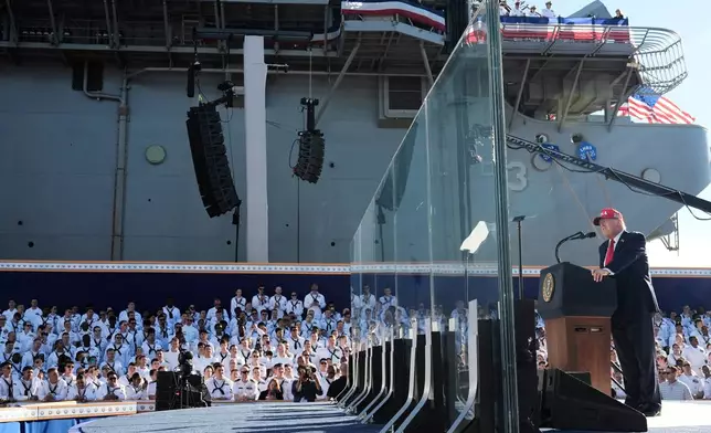 President Donald Trump speaks during a celebration for the 250th anniversary of the U.S. Navy aboard the USS Harry S. Truman at Naval Station Norfolk, Sunday Oct. 5, 2025 in Norfolk, Va. (AP Photo/Alex Brandon)