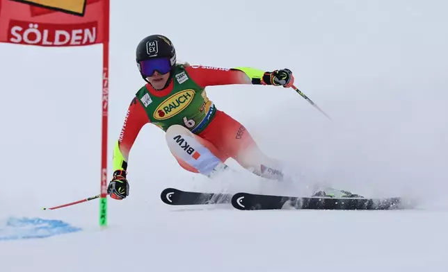 Switzerland's Lara Gut Behrami competes in an alpine ski, women's World Cup giant slalom, in Soelden, Austria, Saturday, Oct. 25, 2025. (AP Photo/Marco Trovati)