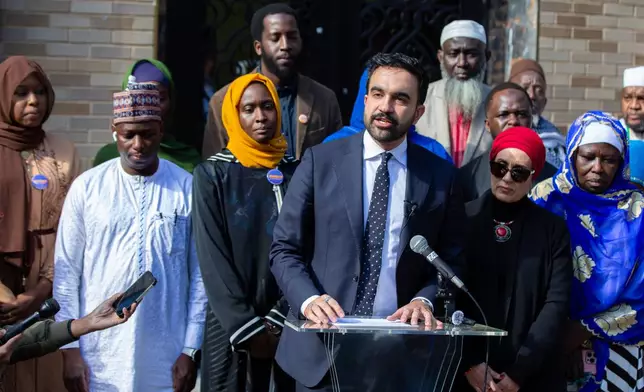 New York City Democratic mayoral candidate Zohran Mamdani speaks at the Islamic Cultural Center of the Bronx mosque in New York on Friday, Oct. 24, 2025. (AP Photo/Ted Shaffrey)