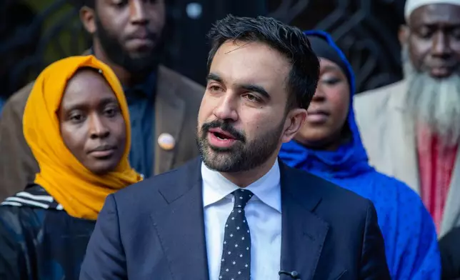New York City Democratic mayoral candidate Zohran Mamdani speaks at the Islamic Cultural Center of the Bronx mosque in New York on Friday, Oct. 24, 2025. (AP Photo/Ted Shaffrey)