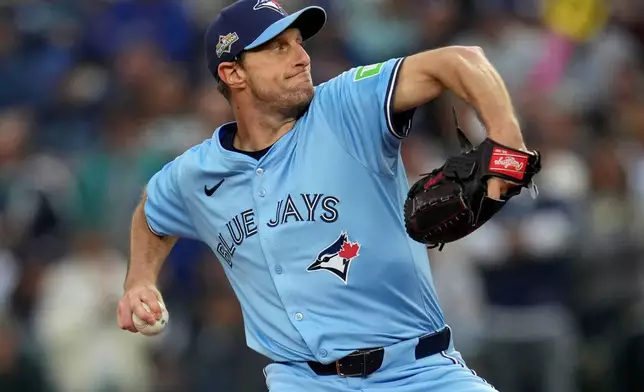 Toronto Blue Jays pitcher Max Scherzer throws against the Seattle Mariners during the first inning in Game 4 of baseball's American League Championship Series, Thursday, Oct. 16, 2025, in Seattle. (AP Photo/Abbie Parr)