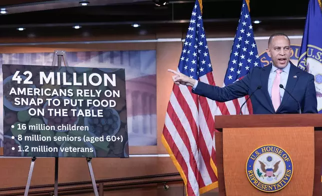 House Minority Leader Hakeem Jeffries, D-N.Y., speaks during a news conference at the Capitol, Tuesday, Oct. 28, 2025, in Washington. (AP Photo/Mariam Zuhaib)