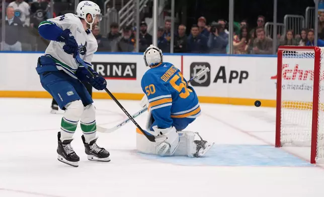 Vancouver Canucks' Jake DeBrusk, left, scores the game-winning goal past St. Louis Blues goaltender Jordan Binnington (50) in a shootout of an NHL hockey game Thursday, Oct. 30, 2025, in St. Louis. (AP Photo/Jeff Roberson)