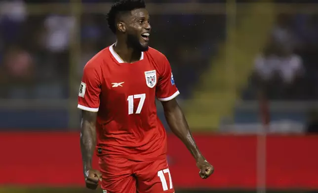 Panama's Jose Fajardo celebrates scoring his side's opening goal against El Salvador during a World Cup 2026 qualifying soccer match at Cuscatlan stadium in San Salvador, El Salvador, Friday, Oct. 10, 2025. (AP Photo/Salvador Melendez)