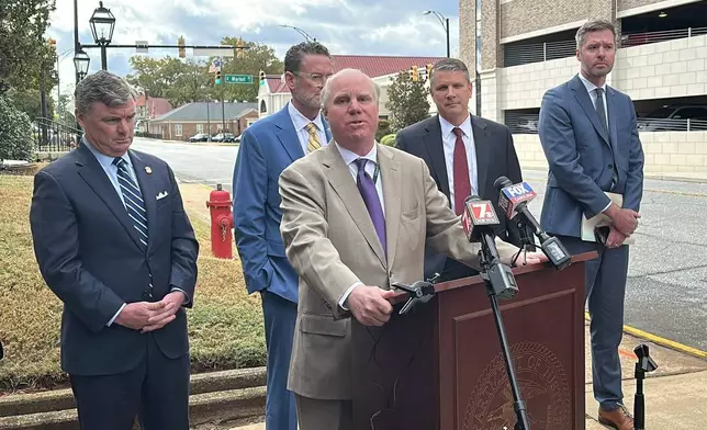 Assistant U.S. Attorney Lothrop Morris speaks about his role as lead prosecutor against former Spartanburg County Sheriff Chuck Wright after Wright pleaded guilty to theft and conspiracy charges on Thursday, Oct. 30, 2025, in Anderson, S.C. (AP Photo/Jeffrey Collins)