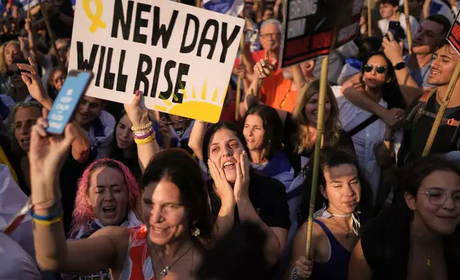 People react as they gather to watch a live broadcast of Israeli hostages released from Gaza at a plaza known as hostages square in Tel Aviv, Israel, Monday, Oct. 13, 2025. The release took place as part of a cease-fire agreement between Israel and Hamas. (AP Photo/Oded Balilty)