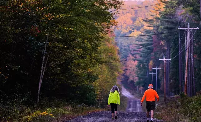 A couple, wearing protective high-visibility clothing due to hunting season, take a walk at dawn, as trees of in the distance turn to fall foliage colors, Tuesday, Oct. 7, 2025, in Chester, N.H. (AP Photo/Charles Krupa)