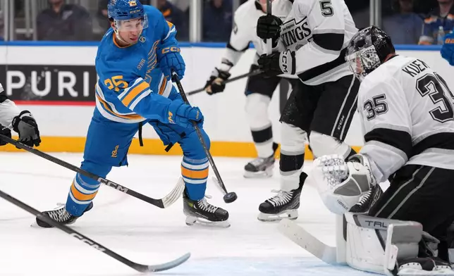 Los Angeles Kings goaltender Darcy Kuemper (35) blocks a shot from St. Louis Blues' Jordan Kyrou (25) during the second period of an NHL hockey game Tuesday, Oct. 21, 2025, in St. Louis. (AP Photo/Jeff Roberson)