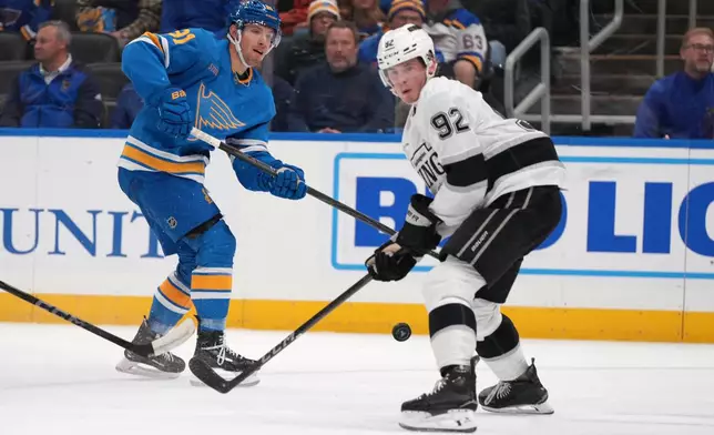 St. Louis Blues' Dylan Holloway (81) shoots past Los Angeles Kings' Brandt Clarke (92) during the second period of an NHL hockey game Tuesday, Oct. 21, 2025, in St. Louis. (AP Photo/Jeff Roberson)