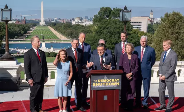 Speaker of the House Mike Johnson, R-La., center, leads the top Republicans in Congress at a news conference on the government shutdown, at the Capitol in Washington, Wednesday, Oct. 1, 2025. (AP Photo/J. Scott Applewhite)