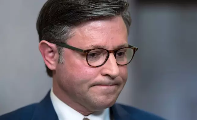 Speaker of the House Mike Johnson, R-La., pauses as he blames the government shutdown on Democrats during a news conference at the Capitol in Washington, Thursday, Oct. 2, 2025. (AP Photo/J. Scott Applewhite)