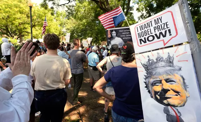 FILE - Activists carry signs during a protest against President Donald Trump's federal takeover of policing of the District of Columbia, Saturday, Aug. 16, 2025, in Washington. (AP Photo/Alex Brandon, File)
