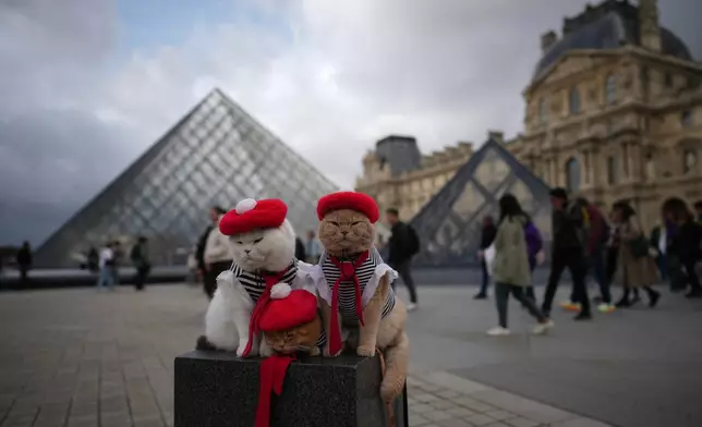 Three cats dressed up in typical French outfits are positioned in the courtyard of Le Louvre museum Monday, Oct. 27, 2025 in Paris. (AP Photo/Christophe Ena)