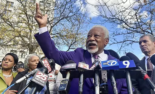 Sonya Massey’s father, James Wilburn, speaks outside the Peoria County Courthouse in Peoria, Ill. on Wednesday, October 29, 2025. (AP Photo/John O’Connor)