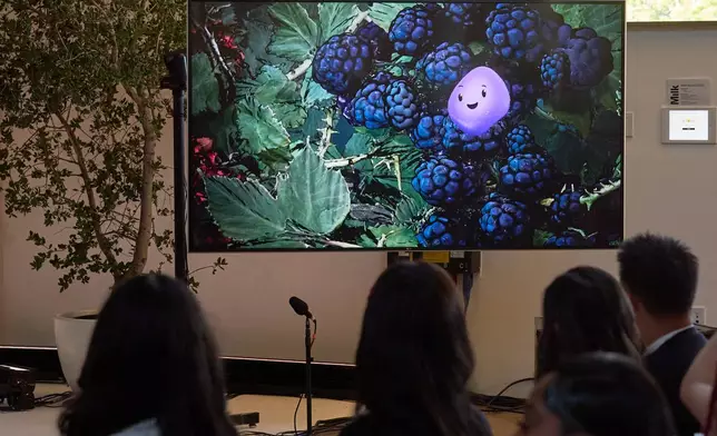 A video animation shows a Copilot Appearance avatar called Mico, floating around an abstract environment during a presentation at Microsoft's Fall 2025 Copilot Sessions event on Wednesday, Oct. 22, 2025, in Los Angeles. (AP Photo/Damian Dovarganes)