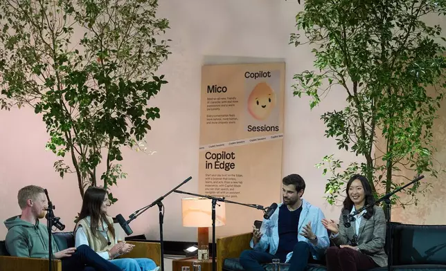 Microsoft AI team members, from left, Trevor Back, Ella Steckler, Product Manager, Jacob Andreou, CVP, Product and Growth, and Wendy Wang Mertensmeyer, Principal UX Researcher comment on Microsoft AI's character avatar named Mico, during Copilot Sessions event Wednesday, Oct. 22, 2025, in Los Angeles. (AP Photo/Damian Dovarganes)