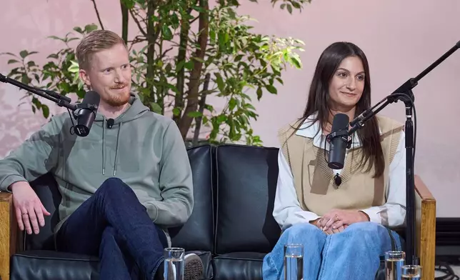 Microsoft AI team members, from left, Trevor Back, Ella Steckler, Product Manager comment on Microsoft AI's character avatar named Mico, during Copilot Sessions event Wednesday, Oct. 22, 2025, in Los Angeles. (AP Photo/Damian Dovarganes)