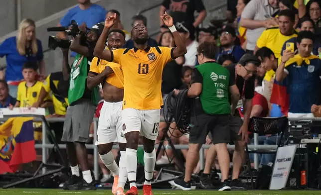 CORRECTS PLAYER - Ecuador's Enner Valencia (13) celebrates a goal against the United States during the first half of an international friendly soccer match in Austin, Texas, Friday, Oct. 10, 2025. (AP Photo/Eric Gay)