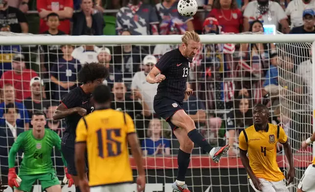 United States defender Tim Ream (13) blocks a shot on goal during the first half of an international friendly soccer match against Ecuador in Austin, Texas, Friday, Oct. 10, 2025. (AP Photo/Eric Gay)