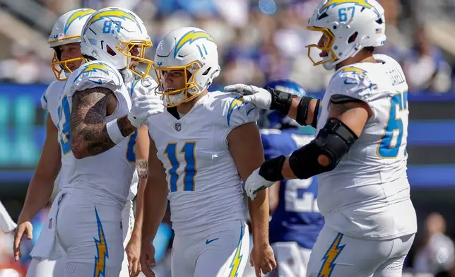 Los Angeles Chargers kicker Cameron Dicker (11) is congratulated by teammates after kicking a field goal against the New York Giants during the second quarter of an NFL football game, Sunday, Sept. 28, 2025, in East Rutherford, N.J. (AP Photo/Adam Hunger)