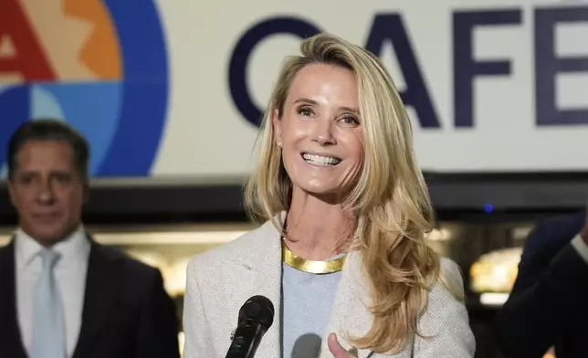 First partner Jennifer Siebel-Newsom, wife of Gov. Gavin Newsom, speaks at a news conference at Belvedere Middle School, Wednesday, Oct. 8, 2025, in Los Angeles. (AP Photo/Damian Dovarganes)