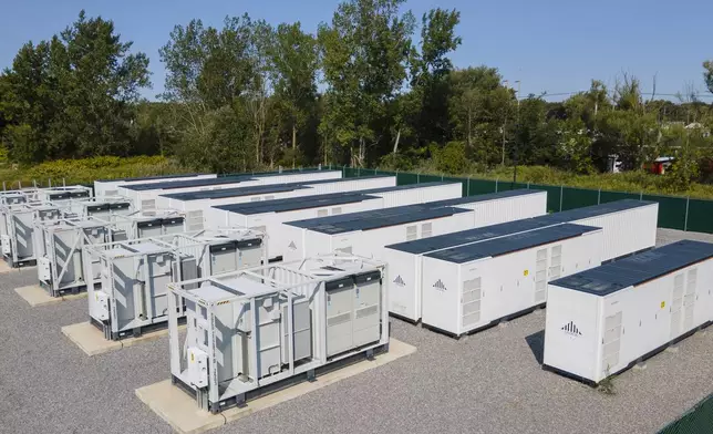A large lithium battery energy storage system operated by Key Capture Energy that can power 15,000 homes for two hours during outages or high demand is shown in Blasdell, N.Y., Tuesday, Sept. 9, 2025. (AP Photo/Ted Shaffrey)