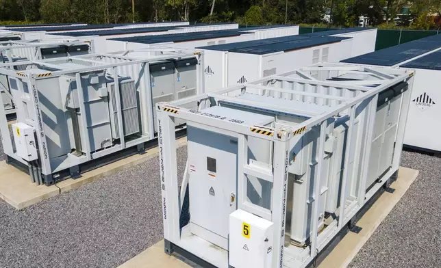 A large lithium battery energy storage system operated by Key Capture Energy that can power 15,000 homes for two hours during outages or high demand is shown in Blasdell, N.Y., Tuesday, Sept. 9, 2025. (AP Photo/Ted Shaffrey)