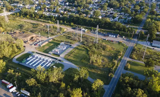 A large lithium battery energy storage system, center lower left, operated by Key Capture Energy is shown in Blasdell, N.Y., Monday, Sept. 8, 2025. (AP Photo/Ted Shaffrey)